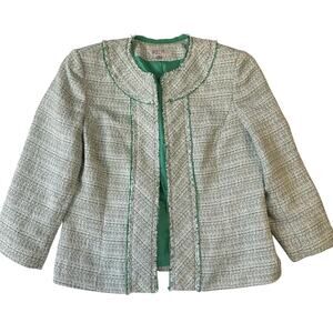 Kasper Women Blazer 12 Green Geometric Tweed Classic Fringe Round Neck OpenFront